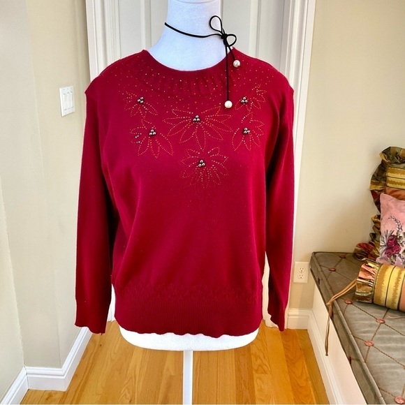 Vintage Sweater Beaded Red Cotton Blend with Tiny Sequins & Silver Balls (M) - Picture 1 of 8
